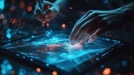 A designer sketching futuristic concepts on a digital tablet, creative energy radiating