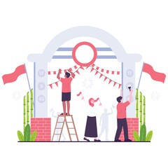 Indonesia Independence Day Illustration. Vector illustration of People preparing red and white decorations for Indonesia’s Independence Day celebration. Isolated on background