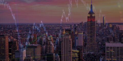 forex chart on cityscape with skyscrapers wallpaper double exposure. financial research concept.