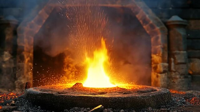 Dramatic forging fire in ancient stone hearth illuminating sparks and smoke plumes