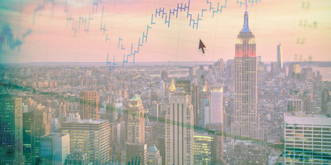 forex chart on cityscape with skyscrapers wallpaper double exposure. financial research concept.