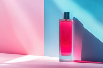 Vibrant pink perfume bottle against a pastel backdrop.