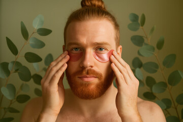Young man with red hair and beard applies pink under eye patches while standing indoors surrounded by green eucalyptus leaves