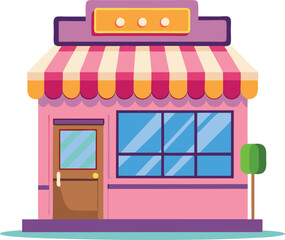 Cute Cartoon Pink Shop Front with Striped Awning