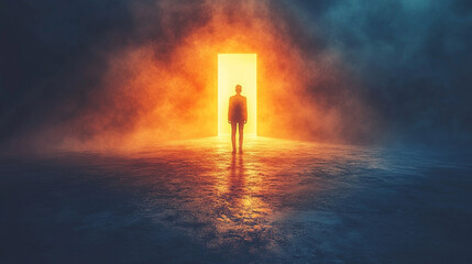 Silhouette of a person standing in darkness facing a bright doorway, symbolizing hope, recovery, and emotional healing through therapy and personal growth.

