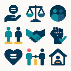 A collection of diverse social justice icons depicting equality, partnership, community, and empowerment.