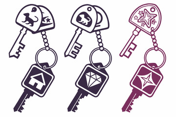 set of Keys with Keychain silhouette vector illustration