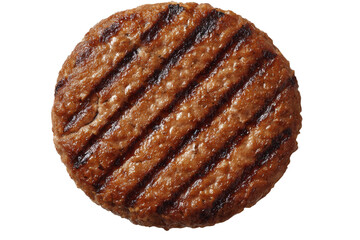 A grilled hamburger patty with a black and white grill pattern