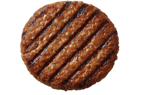 A grilled hamburger patty with a black and white grill pattern