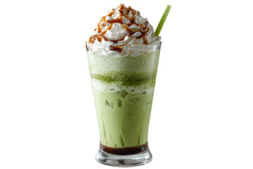 A green drink with whipped cream on top in a glass