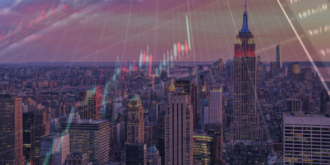 forex chart on cityscape with skyscrapers wallpaper double exposure. financial research concept.