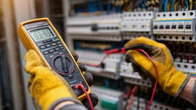 Electrical Inspection: An electrician, clad in safety gloves, meticulously inspects electrical circuits with a digital multimeter, ensuring precision and adherence to safety standards.
