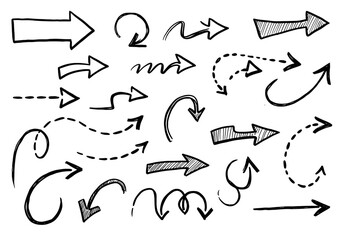 Handdrawn arrows in various shapes  directions some filled w hatch marks dispersed