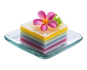 Colorful layered rainbow jelly dessert with edible flowers and pearls on glass plate isolated on transparent background