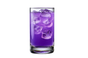 A glass of purple liquid with ice cubes in it