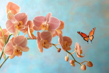 Fototapeta na wymiar Beauty of orchids and butterfly captured in a seamless design highlighting vibrant colors and delicate features, the beauty of orchids and butterfly seamless time lapse virtual Photo Background