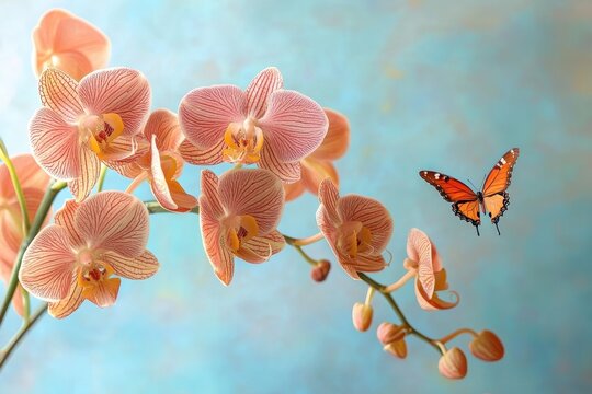 Beauty of orchids and butterfly captured in a seamless design highlighting vibrant colors and delicate features, the beauty of orchids and butterfly seamless time lapse virtual Photo Background