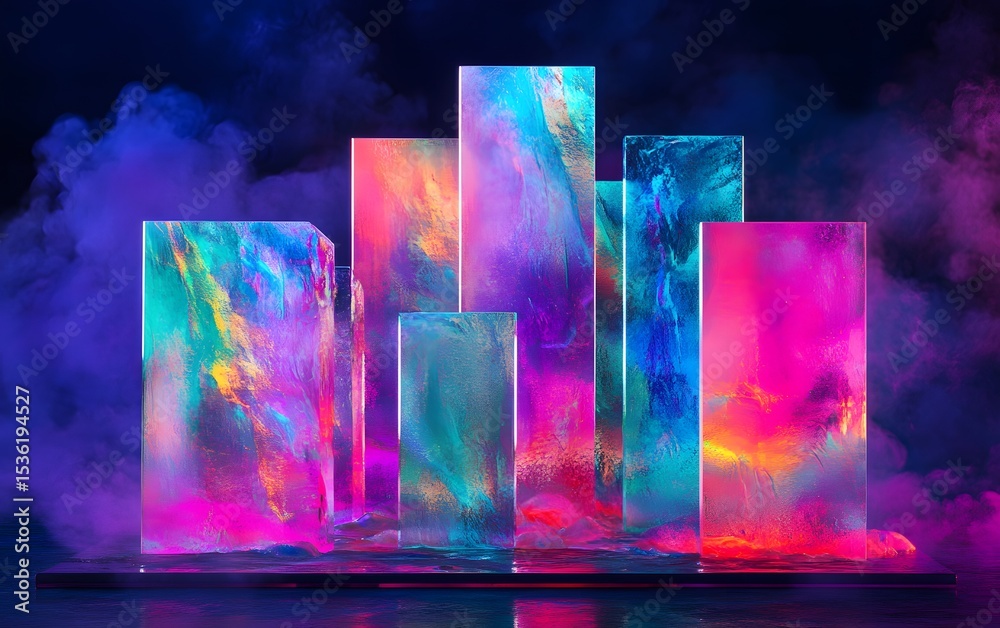 Poster a vibrant display of abstract geometric shapes illuminated by neon colors, creating a captivating at