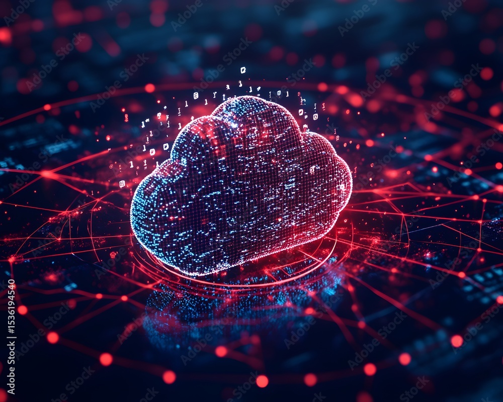 Poster a vibrant digital cloud symbol representing modern computing, surrounded by a web of connections and