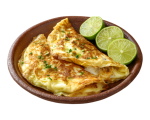 Golden omelet served on rustic ceramic plate with fresh lime halves and chopped chives isolated on transparent background