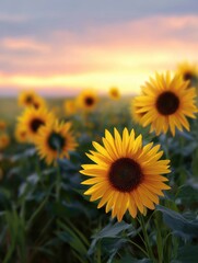 Obraz premium Vibrant Sunflowers Under a Golden Hour Sky with Orange Hues