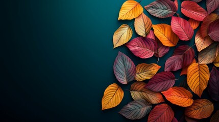 Vibrant Autumn Leaves on Deep Teal Background Perfect for Fall Designs and Seasonal Projects