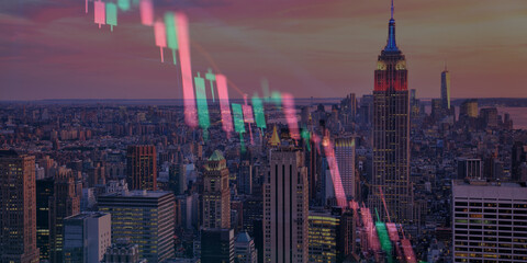 forex chart on cityscape with skyscrapers wallpaper double exposure. financial research concept.