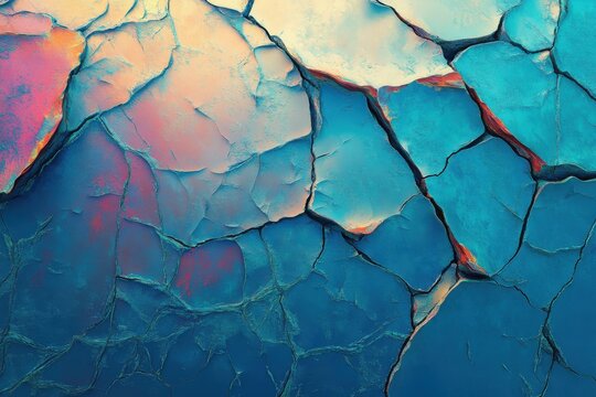 The image is of a cracked and broken surface, with blue and pink colors. The cracks and breaks give the impression of a fractured and damaged area. The colors of blue.