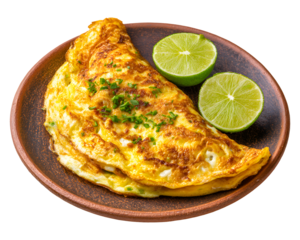 Golden omelet served on rustic ceramic plate with fresh lime halves and chopped chives isolated on transparent background