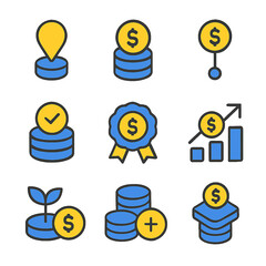Collection of financial icons, depicting various aspects of money management and growth.
