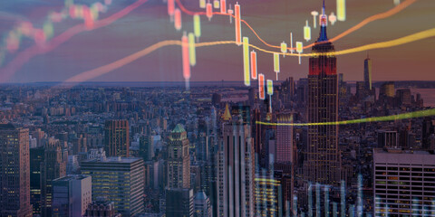 forex chart on cityscape with skyscrapers wallpaper double exposure. financial research concept.