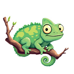 Fototapeta premium Vsai green chameleon resting on a branch, cartoon illustration