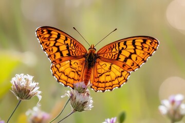 Fototapeta premium A vibrant orange butterfly beautifully perched. A butterfly is sitting on a flower. The butterfly is orange and black. The flower is purple.