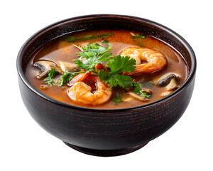 Traditional Thai tom yum soup with shrimp mushrooms lemongrass and herbs in decorative bowl isolated on transparent background