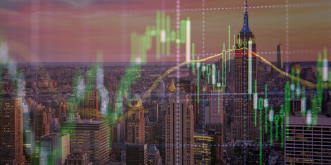 forex chart on cityscape with skyscrapers wallpaper double exposure. financial research concept.