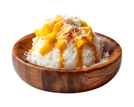 Traditional Thai mango sticky rice dessert with coconut cream in wooden bowl isolated on transparent background