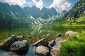 Serene Mountain Lake Reflecting Majestic Peaks under a Sunny Sky: Stunning Nature Scenery
