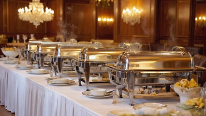 Elegant buffet setup for events in a lavish venue featuring gourmet dishes and exquisite decor