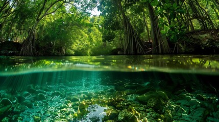 A jungle river with clear water flowing through jungle

