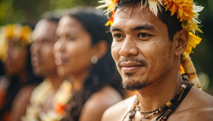 Proud indigenous men adorned with traditional floral headdresses celebrating cultural heritage and community unity through traditional adornment