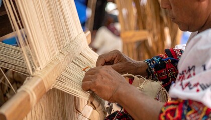 Close-up of a traditional weaving loom in operation with an artisan's hands creating textile art emphasizing cultural heritage and handmade craftsmanship