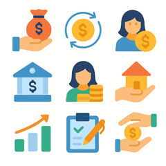 A collection of flat design icons representing various financial concepts, including money, banking, and personal finance.
