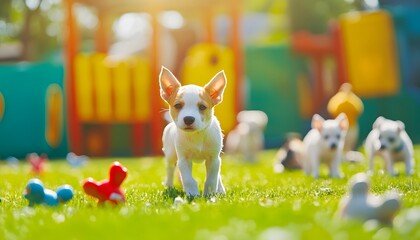 A playful puppy explores the grassy playground, surrounded by other adorable pups. The vibrant colors of the play area enhance the cheerful atmosphere of this delightful scene.