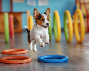 A playful puppy leaps joyfully in a vibrant training area