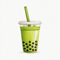 Matcha Bubble Tea with Tapioca Pearls in Plastic Cup and Straw