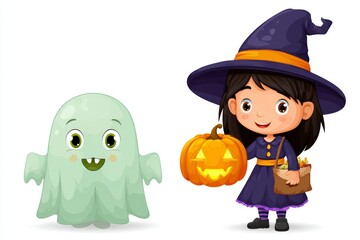 Young caucasian girl in witch costume with halloween pumpkin and friendly ghost illustration