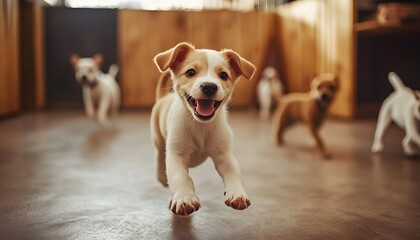 A playful puppy runs joyfully across a warm, inviting indoor space. Its happy expression captures the essence of canine companionship and the joy pets bring to our lives.