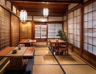 A Japanese-style restaurant with tatami mats, low wooden tables, shoji screens, and soft ambient lighting
