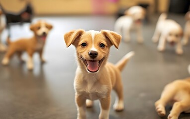 A playful puppy stands out among a group of cheerful puppies, showcasing its joyful demeanor and bright eyes