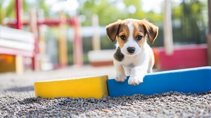 A playful puppy, with soft fur and bright eyes, climbs over colorful playground equipment, radiating joy and energy in a sunny outdoor setting, capturing the essence of childhood f